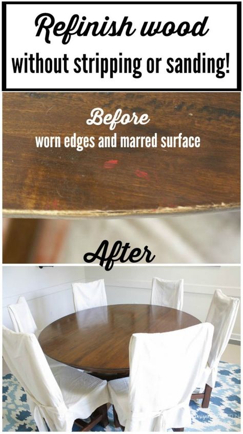 WOW! Learn how to refinish a table without sanding or stripping! I had no idea it could be so easy. Full tutorial by Designer Trapped in a Lawyer's Body. #spon Refinish A Table, Furniture Fix, Furniture Rehab, Furniture Repair, Home Repairs, Furniture Restoration, Redo Furniture, Refinishing Furniture, Furniture Projects