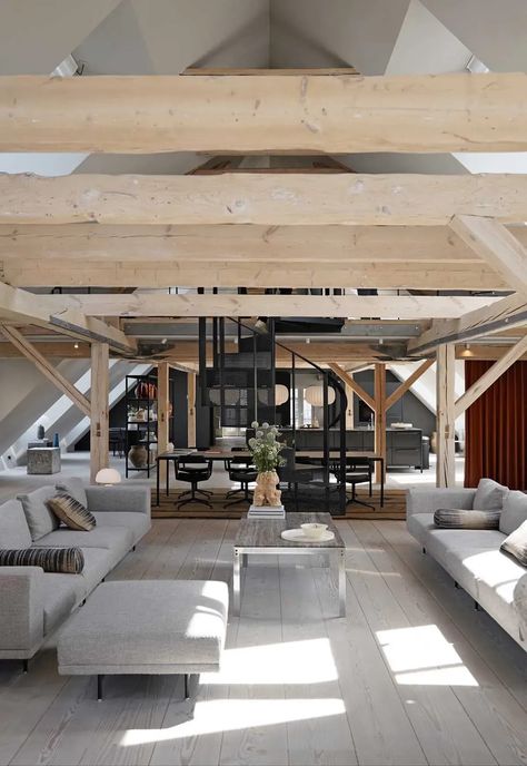 Contemporary open-plan loft living in Copenhagen from Scandinavian design brand Vipp | These Four Walls blog Open House Plans, Wooden Floorboards, Prefab Cabins, Attic Spaces, Attic Remodel, Contemporary Fireplace, Gate House, Loft Living, White Barn