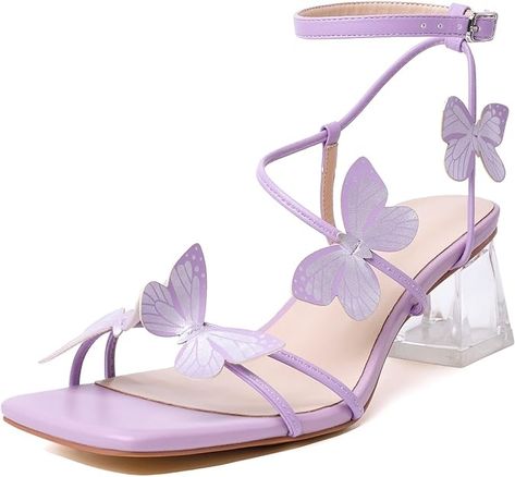 Amazon.com: Zamikoo Women's Heeled Sandals, Square Open Toe Ankle Strap Block Heels, Strappy Butterfly Clear Heels Chunky Low Purple Heels 2 Inches US Size 5 : Clothing, Shoes & Jewelry Butterfly Heels, Butterfly Sandals, Fairy Shoes, Heels Strappy, Butterfly Embellishment, Heels Chunky, Clear Block Heels, Purple Heels, Ankle Strap Block Heel