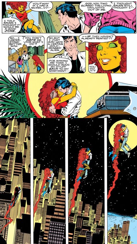 Nightwing and Starfire kissing Starfire And Nightwing Comics, 80s Starfire, Starfire And Nightwing, Nightwing Starfire, Starfire Comics, Nightwing And Starfire, Star Chandelier, Dc Icons, Dc Multiverse