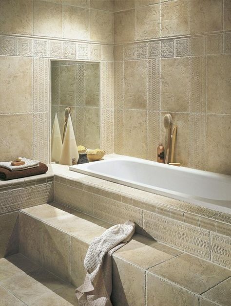 I would eventually love to redo our step-up tub into something like this... Bathtub Tile Surround, Tub Surround Ideas, Bath Steps, Tub Remodel, Cottage Bathroom Ideas, Inside Decor, Tub Surround, Bathroom Tub, Tile Inspiration