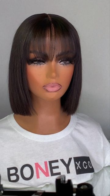 Bangs For Bob Hairstyle, Bob With Fringe Bangs Black Women, Bob Weave With Bangs, Bang Bob Hairstyles For Black Women, Bob With Bangs For Black Women, Chinese Bang Bob, Bangs With Bob, Fringe Weave, Bob With Bangs Wig