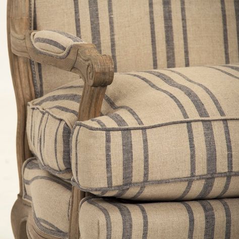 Arm chair upholstered in khaki linen with blue stripes on reclaimed oak frame.CFH004-1 E255-3 Stripe Blue Dimensions: W28 x H38 x D26 Country Armchair, Salons Cottage, Weathered Wood Finish, Elegant Outdoor Furniture, Chair Redo, Wood Lounge Chair, French Arm Chair, Striped Chair, Love Chair