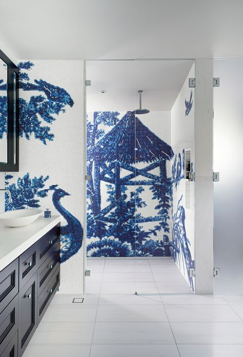 At a superb private home in Sydney, The JARDIN BLEU decoration elevates the bathroom to new heights of luxury and design.

JARDIN BLEU is designer Patricia Urquiola's contemporary reinterpretation of the 'Toile de Jouy' textile print style; scenes of 17th Century pastoral bliss.

This very modern reimagining employs 12 exquisite Bisazza glass mosaic colours and styles, including a 24k white gold tile.

Interior design: @levine_vokaberg White Gold Tile, Tile Interior Design, Tile Interior, Gold Tile, Textile Print, Private Home, Mosaic Decor, Print Style, Glass Mosaic