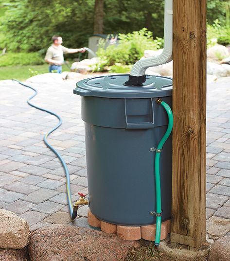 Save Water With This DIY Rain Barrel: Looking for your next garden project? We have the full instructions for a DIY rain barrel out of a heavy-duty trash can. Rain Barrel Ideas, Rain Water Barrel, Diy Rain Barrel, Rain Barrel Stand, Rain Barrel System, Barrels Diy, Water Collection System, Rain Harvesting, Water Barrel