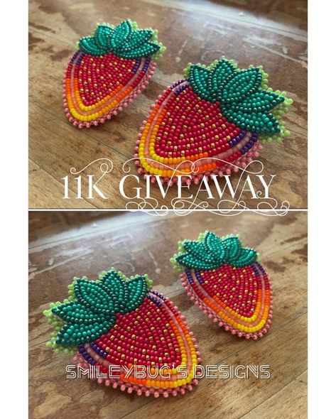 Beadwork Artist in BC Canada on Instagram: “I will be announcing the winner of the giveaway on Instagram using the wheel of names ❤️ I will also be announcing a second winner on…” Native Beadwork Patterns, Indigenous Beadwork, Beaded Strawberry, Beaded Earrings Native Beadwork, Indigenous Beaded Earrings, Beaded Powwow Earrings, Metis Beadwork Patterns, Metis Floral Beadwork, Beaded Medicine Wheel Earrings