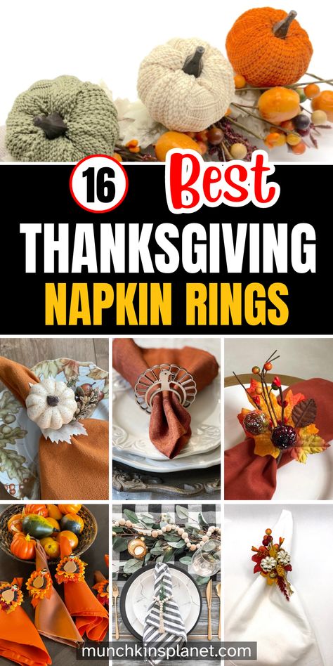 Best Thanksgiving Napkin Rings. Hosting Thanksgiving dinner? check out these adorable Thanksgiving napkin rings to match your fall tablescape. Here you’ll find pumpkin napkin rings, turkey napkin rings, thankful napkin rings, and lots of DIY napkin rings to celebrate the harvest. Thanksgiving Table Napkin Rings, Thanksgiving Diy Napkin Rings, How To Use Napkin Rings Ideas, Napkin Ideas For Thanksgiving, Thanksgiving Napkin Folds With Ring, Fall Napkin Rings Diy Ideas, Making Napkin Rings, Diy Fall Napkin Rings, Diy Thanksgiving Napkin Rings