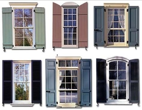 Shutter styles, like the first one to the left Windows With Shutters, Exterior Window Shutters, Window Shutters Exterior, Outdoor Shutters, Shutter Colors, Green Shutters, Exterior Window, House Shutters, Window Trim Exterior