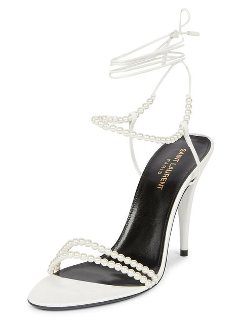 Saint Laurent Luna Ankle-Wrap Embellished Leather Sandals in White - $ 995.00 Luxury Heels, Pearl Beading, Stiletto Heel, Wedding Shoes, Leather Sandals, Faux Pearl, Wedding Shoe, Yves Saint Laurent, Stiletto Heels