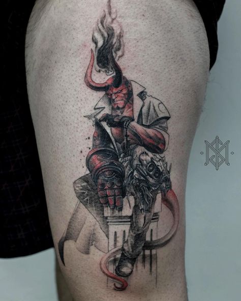 Daniel Berdiel on Instagram: “• H E L L B O Y • Gracias Pablo . . . #danielberdiel #isometricgallery #zaragozatattoo #hellboy #comicart #comictattoo #tattooartist…” Hellboy Tattoo Ideas, Hellboy Tattoo Design, Satanic Tattoo Symbols, Gengar Tattoo, Hellboy Tattoo, Comic Book Tattoo, Satanic Tattoos, Hellboy Art, Red Cartoon