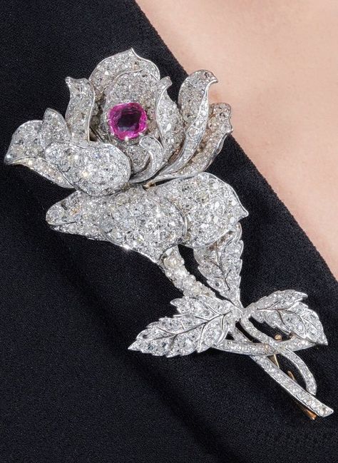 An antique pink sapphire and diamond brooch, late 19th century. Pink Sapphire Brooch, Sapphire Brooch, Diamond Jewlery, Rings Sapphire, Pink Brooch, Winter Princess, Floral Jewelry, Diamond Brooch, Antique Pink