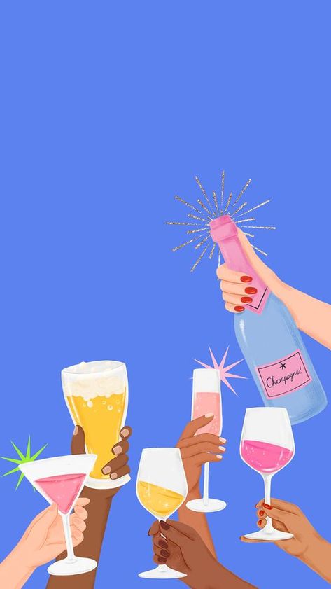 Drinks Illustration Art, 21st Birthday Aesthetic Wallpaper, Party Wallpaper Aesthetic, Party Illustration Art, Party Aesthetic Wallpaper, Cute Blue Background, Alcohol Illustration, Cocktail Drawing, Party Drawing