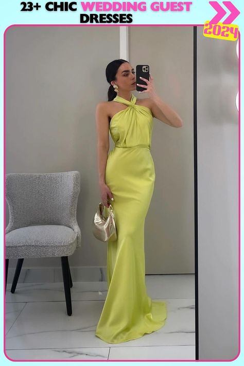 Chic yellow halter neck gown with keyhole detail, an elegant choice for a wedding guest dress. The bright color and sleek design make it a perfect option for those attending a daytime or semi-formal wedding. Evening Dresses Online, Gown Plus Size, Backless Maxi Dresses, Women's Evening Dresses, Mermaid Evening Dresses, Maxi Dress Green, Dresses Elegant, Wedding Guest Dresses, Party Dress Long