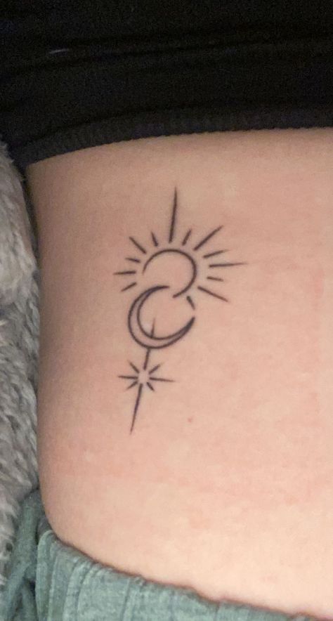 Twitches Sun And Moon Tattoo, Moon Star Tattoo, Small Moon Tattoos, Cute Tattoos On Wrist, Back Of Arm Tattoo, Tattoos With Kids Names, Vine Tattoos, Dad Tattoos, Small Hand Tattoos