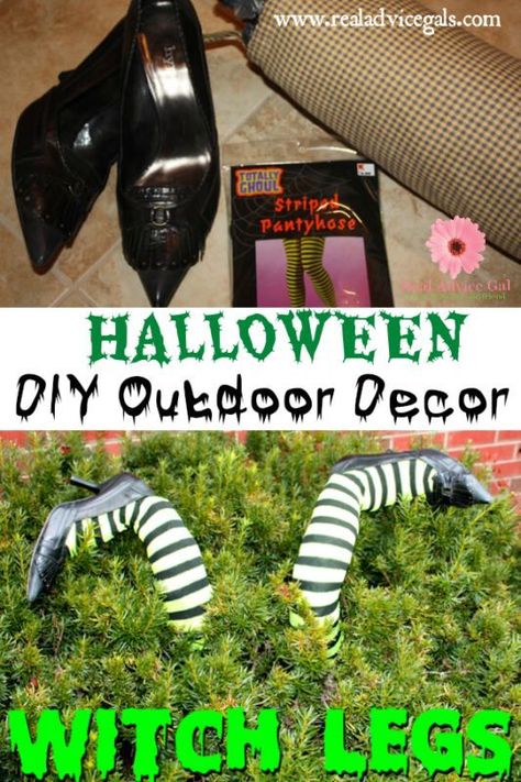 DIY Halloween witch legs. A super easy homemade Halloween decoration. Witch Legs Diy, Homemade Outdoor Halloween Decorations, Kids Zombie Makeup, Halloween Outdoors, Halloween Witch Legs, Diy Halloween Witch, Halloween Makeup For Kids, Real Advice, Diy Witch