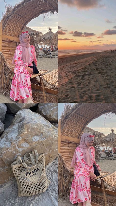 Hijabi Bali Outfit, Beach Outfits For Hijabis, Beach Dresses Modest, Goa Modest Outfits, Outfit Ideas Beach Vacation Hijab, Modest Beach Outfit Ideas, Hijabi In Beach, Beach Outfit For Hijab, Thailand Outfit Ideas Hijab