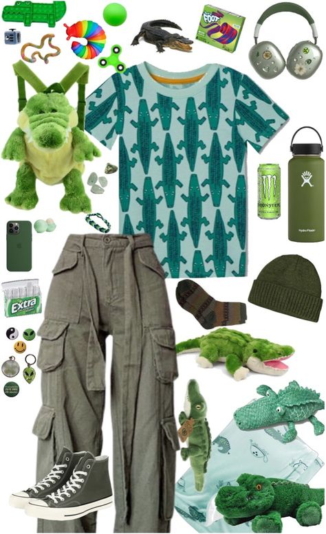 Dinocore Aesthetic Outfits, Green Kidcore Outfit, Dinosaur Aesthetic Outfit, Dinosaur Outfit Aesthetic, Junglecore Outfits, Animal Themed Outfits, Bugcore Outfits, Boyre Aesthetic, Animal Inspired Outfits