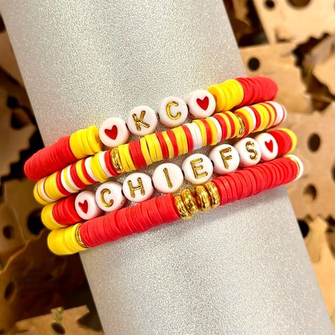 Kansas City Bracelets, Kansas City Chiefs Clay Bead Bracelet, Chiefs Clay Bead Bracelet, Kansas City Chiefs Bracelets, Chiefs Bracelet Ideas, Chiefs Bracelet, Cute Clay Bead Bracelet Ideas, Spring Bracelets, Heishi Bracelets