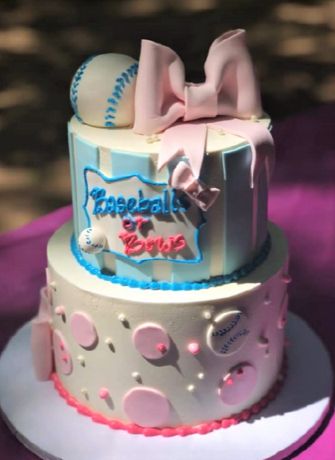 Gender Reveal Cake -- Baseballs or Bows?? Baseball Or Bows Cake, Baseball Gender Reveal Cake, Baseball Or Bows Gender Reveal Ideas, Baseballs Or Bows, Baseball Theme Cakes, Gender Ideas, Baseball Gender Reveal, Bows Gender Reveal, Baby Reveal Cakes