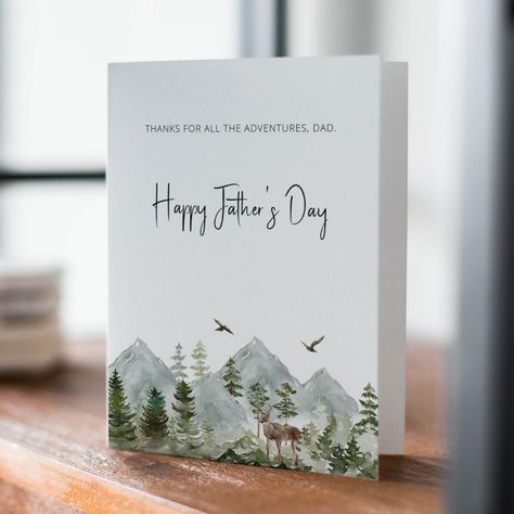 An adventurous watercolor mountain and forest Father's Day card for your outdoorsy dad. Father’s Day Cards Painted, Watercolour Father’s Day Card, Father’s Day Watercolor Painting, Watercolour Fathers Day Cards, Watercolor Fathers Day Card Ideas, Father’s Day Watercolor Card, Fathers Day Watercolor Cards, Watercolor Fathers Day Card, Masculine Watercolor