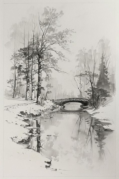 Black White Art, Digital Landscape, Ink Drawing, Pencil Sketch, Serene Nature, Water Reflection, Snowy Scene, Stone Bridge, Tranquil Water, Winter Trees, Bare Branches, Foliage Art, River Print, Stream Artwork, Mirror Water, Nature Print, Reflection Art, Quiet Scene, Contemplative Art, Gentle Mist, Morning Atmosphere, Ephemeral Moment, Natural World, Man-made Bridge, Organic Harmony, Fine Details, Bark Texture, Misty Scene, Crisp Atmosphere, Waking Nature River Drawing, Stream Landscape, French Country Wall Art, Leafless Tree, Winter Drawing, Winter Drawings, Bark Texture, Nature Sketch, Rooster Art