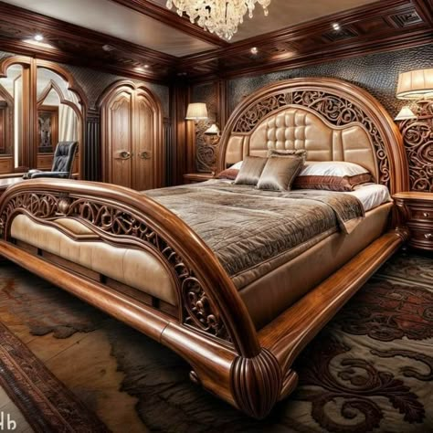 Royal Beds, Luxury King Bed, Royal Bedroom Design, Carved Beds, Royal Bedroom, Beautiful Bedroom Decor, Wood Bed Design, Wooden Bedroom, Luxurious Bedroom