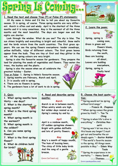 Spring Is Coming - English ESL Worksheets for distance learning and physical classrooms Spring Vocabulary, Spring Worksheet, Summer Worksheets, Esl Reading, English Club, Spring Reading, Reading Comprehension Lessons, Present Continuous, English Teaching Resources