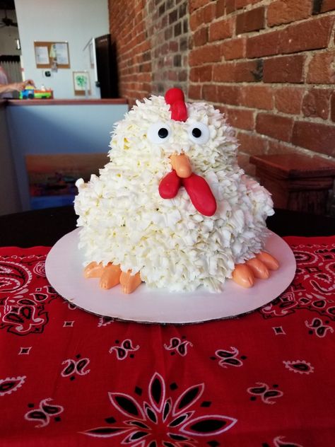 Chicken birthday cake Chicken Bday Cake, Easy Chicken Birthday Cake, 1st Birthday Rooster Theme, Spring Chicken Birthday Party, Chicken Cupcake Cake, Chicken Birthday Cake Ideas, Chicken Cakes Birthday Ideas, Chicken Centerpiece Ideas, Rooster Birthday Cake