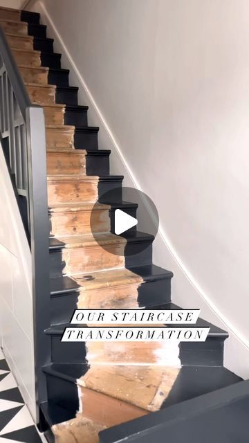 Black And White Stairs Painted, Black Stained Stairs, Painted Basement Stairs, Dark Staircase Ideas, Moody Staircase, Black Painted Staircase, Diy Stairs Makeover Cheap, Narrow Staircase Ideas, Hallway Stairs Ideas