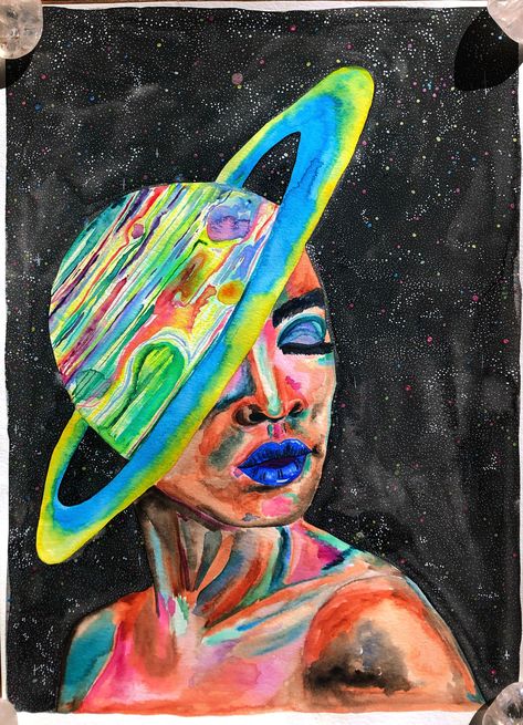 Trippy Space Art, Girl Watercolor Painting, Trippy Space, Saturn Girl, Art Trippy, Astronomy Art, Astrology Art, Trippy Art, Art Gifts