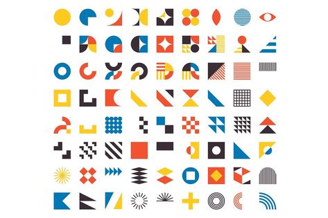 Bauhaus elements. Modern geometric abstract shapes in minimal style. Brutalism basic forms, lines, eye, circles and patterns, art vector set. Colorful figures and dots simple design Simple Geometric Shapes, Bauhaus Elements, Bauhaus Illustration, Bauhaus Shapes, Bauhaus Logo, Bauhaus Pattern, Geometric Graphic Design, Bauhaus Geometric, Desain Buklet