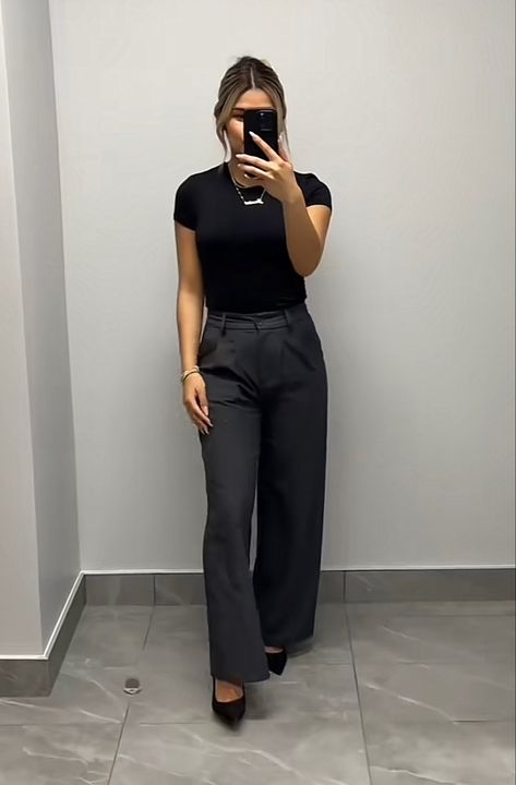 Black bodysuit outfit, pointed toe heels, wide leg pants, effortless pants, grey dress pants, clean girl aesthetic, dark feminine aesthetic Aesthetic Dark Feminine, Girl Aesthetic Dark, Black Bodysuit Outfit, Grown Style, Black Work Outfit, Effortless Pants, Corporate Girly, Black Pants Outfit, Bodysuit Outfit