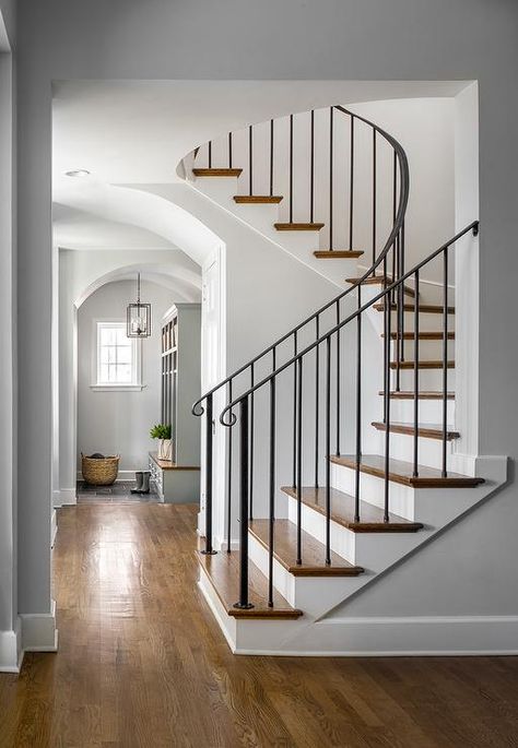 Wrought Iron Staircase Railing - Transitional - Entrance/foyer Iron Staircase Railing, Wrought Iron Staircase, Iron Stair Railing, Iron Staircase, Wrought Iron Stairs, Stair Railing Design, Staircase Remodel, Stairway Design, Staircase Decor