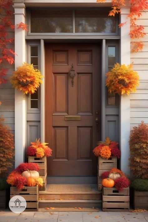 Learn how to use vintage crates and fall foliage to create a cozy and inviting entryway this autumn.#CozyEntryway #VintageCrates #FallFoliage #HomeDecor #AutumnStyle Cozy Entryway, Fall Porches, Vintage Crates, Fall Porch, Porch Patio, Fall Foliage, Cozy Fall, Autumn Home, Fall Home Decor