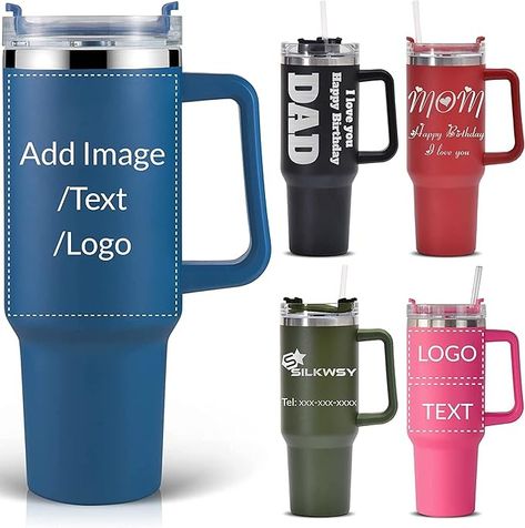 Amazon.com | Personalized Tumbler With Handle-Custom 40oz Travel Cup With Lid And Straw-Laser Engraved With Name,Logo,Text,Image-Personalized Gifts For Mom,Dad,Birthday: Tumblers & Water Glasses L Names, Personalized Travel Mugs, Happy Birthday My Love, Tumbler Personalized, Cup With Lid, Personalized Gifts For Mom, Logo Text, Personalized Tumbler, Custom Tumbler