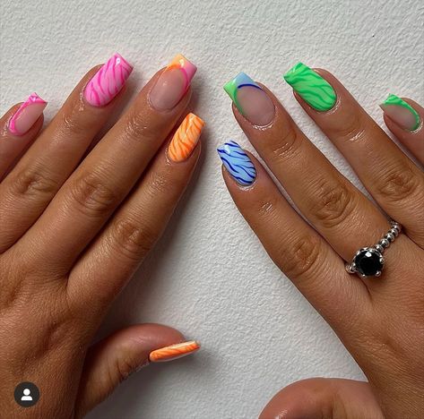 X Nails, Multicolored Nails, Short Coffin, Short Coffin Nails, Simple Gel Nails, Summery Nails, Builder Gel, Striped Nails, Bright Nails