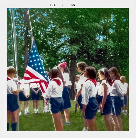 Colorized version of the daily flag raising in June 1966 at Camp Tanadoona, a Camp Fire Girls camp in Chanhassen, Minnesota. Camp Fire Girls, Camp Fire, Girls Camp, Twin Cities, Campfire, Minnesota, Flag, Camping