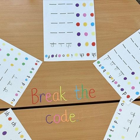 Miss LVT on Instagram: "We’ve been doing some code breaking for our phonics challenge this week! It’s been so interesting to see the children having a go at this! 👏🏻 The premise is simple - look at the coloured dot, write the sound that matches and then read the word at the end! 3 way differentiation to hit our different phonics groups and target areas 📖 . . . . . . . . . . . . . . #Teacher #UKTeacher #PrimaryTeacher #Teachergram #TeachersOfInstagram #EYFS #EYFSTeacher #EarlyYears #EarlyYears Phase 5 Phonics Activities, Writing Eyfs, Phonics Eyfs, Alphabet Word Wall Cards, Phase 5 Phonics, Alphabet Word Wall, Alphabet Code, Alphabet Words, Eyfs Activities