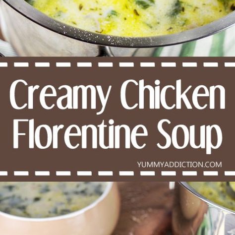 This Chicken Florentine Soup also features mushrooms, tons of veggies, Parmesan cheese, and croutons. Creamy, cheesy, and comforting! Creamy Chicken Florentine, Chicken Florentine Soup, Florentine Soup, Creamy Spinach Soup, Spinach Soup Recipe, Spinach Tortellini Soup, Healthy Winter Meals, Chicken Florentine, Spinach Soup