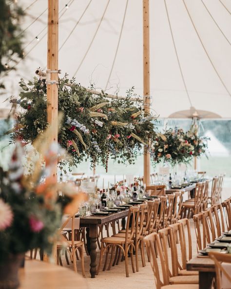 Lottie & Lanto's stunning PapaKåta Tipi & Sperry Tent Wedding in Shipley, West Sussex. Photography by Ben Wigglesworth; Beautiful Sperry Interior Marquee Wedding Decor, Foliage Installation, Marquee Wedding Decoration, Hanging Foliage, Sperry Tent Wedding, Marquee Decoration, Sperry Tent, Church Wedding Ceremony, Table Arrangements Wedding