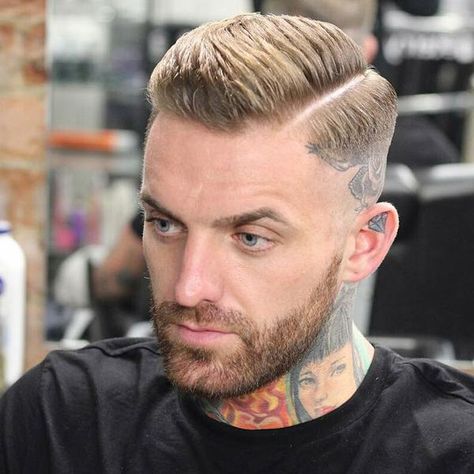 18 Hair cuts with tattoos that are unbelievably cool Fade With Part, Comb Over Fade Haircut, Razor Fade, Comb Over Fade, Comb Over Haircut, Mens Toupee, Beard Fade, Hair Toupee, Short Layered Haircuts