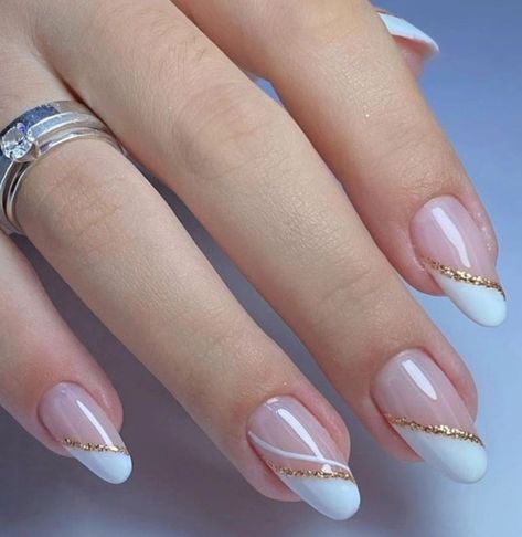 Simple Nail Designs Gold, Nails With Yellow Dress, Simple Gold Nail Designs, White Tips With Design, White And Gold Almond Nails, White And Gold Nails Simple, Classy Nail Art Ideas, Pink Tip Nails, Elegant Touch Nails