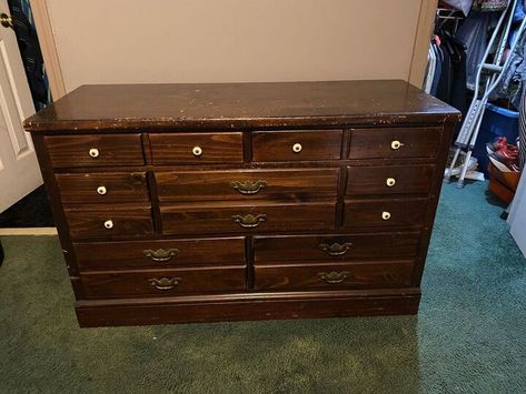 I just bought this Ethan Allen dresser for $50. Clearly, there needs to be some work done to it. I dont know if I should paint it black and replace the handles and give it a modern look or if I should try and keep the look as original as possible by just sanding down all the scuff marks and staining the wood. I also dont know how to price it and where would be the best place to sell. I know people sell on Craigslist, Offer up, Facebook market place; however, a lot of people sell for c… Painted Ethan Allen Furniture, Ethan Allen Dresser, Ethan Allen Furniture, Boy Dresser, Metal Bar Cart, Paint It Black, White Knobs, Pine Dresser, Wood Transfer