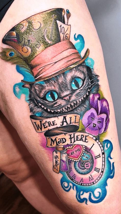 Cheshire Cat Tattoo Ideas, Alice In Wonderland Tattoo Sleeve, Alice In Wonderland Tattoos, Cheshire Cat Drawing, Tattoo Gato, Tattoo Bunt, White Rabbit Tattoo, Cheshire Cat Tattoo, Alice In Wonderland Tattoo