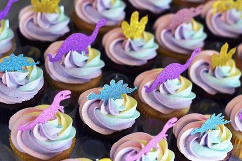 Rainbow Swirl Dinosaur Cupcakes 2019 Girly Dinosaur Cupcakes, Dinosaur Cupcakes Girl, Dinasour Cupcakes Ideas, Dragon Cupcakes, Dinosaur Cakes, Dinosaur Cupcakes, Girl Dinosaur Birthday, Sprinkle Cupcakes, Girl Cupcakes