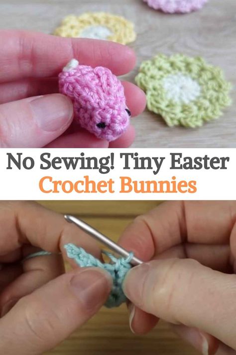 These adorable bunnies are super quick to knit and don't require sewing apart from the eyes. They are only an inch long and make a perfect quick and easy Easter crochet project! If you like miniature projects, this is perfect for you. You can place them in the Easter basket and they will be a nice detail for your Easter decoration. We would say that this project is for beginners-intermediate, because although it is very fast, it is necessary to know some basic crochet stitches. Quick Easter Crafts, Easy Easter Crochet, Quick And Easy Amigurumi, Baby Toys Crochet, Easy Amigurumi Crochet, Crochet Easter Decorations, Easter Amigurumi, Crochet Bunnies, Crocheted Animals