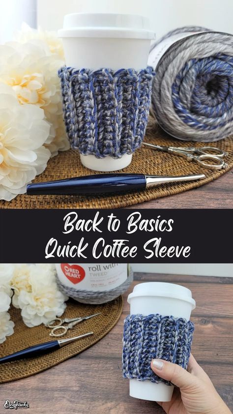 The Back to Basics Quick Coffee Sleeve is a free pattern that is crocheted in Medium Weight Yarn [4] with a 5.5 mm (I) hook. #redheartyarn #yarnspirations #crochet #crochetgift #handmade #furlsinf522 Coffee Sleeve Crochet Pattern Free, Crochet Rib Stitch, Coffee Sleeve Pattern, Quick Crochet Gifts, Patterns For Fashion, Quick Coffee, Coffee Cup Sleeves, Medium Weight Yarn, All Free Crochet