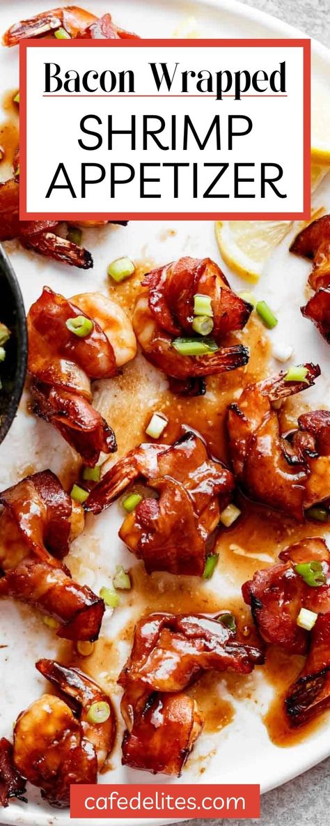 Crispy Bacon Wrapped Shrimp drizzled in an irresistible sticky honey garlic sauce makes the perfect appetizer for any special occasion! Juicy, crispy, and 100% addictive, bacon wrapped shrimp are so quick and easy to make and will wow your guests every time. Serve this platter of delicious shrimp with extra sauce plus creamy guacamole to go with it! Bacon Shrimp Recipes, Bacon Wrapped Shrimp Appetizers, Best Sushi Rolls, Wrapped Shrimp, Bacon Wrapped Shrimp, Breaded Shrimp, Garlic Prawns, Cafe Delites, Shrimp Appetizers