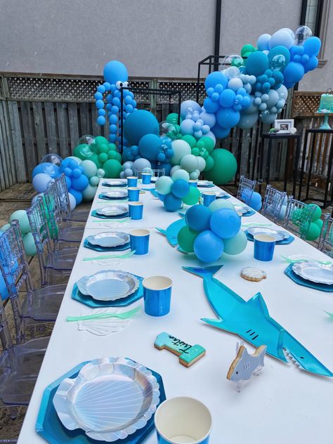 Shark Dog Birthday Party, Sea Birthday Party Decorations, Shark Party Decorations, Ocean Birthday Party, Shark Themed Birthday Party, Ocean Theme Party, Boys First Birthday Party Ideas, Holiday Party Themes, Beach Birthday Party