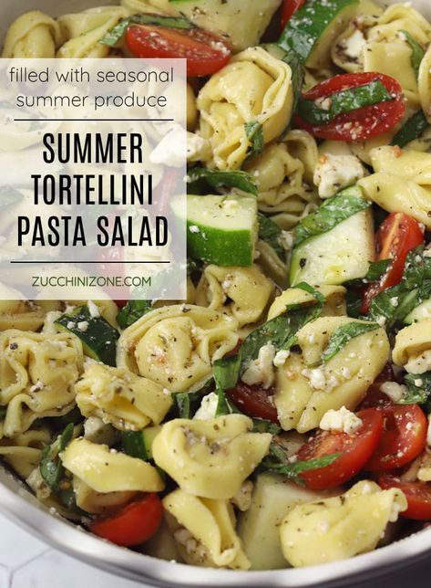 Summer tortellini salad recipe by Zucchini Zone. Summer tortellini salad is an easy pasta salad recipe made with tortellini, fresh summer produce, and a simple homemade vinaigrette dressing. This pasta salad is the perfect side dish for your next summer picnic! #tortellinisalad #summersalad #pastasalad #homemade #picnicfood #sidedish #recipe Shrimp And Tortellini Salad, Mediterranean Tortellini Salad, Tortelinni Pasta Salad, Summer Tortellini Salad, Creamy Tortellini Pasta Salad, Tortilini Pasta Salads, Tortalini Pasta Salads, Shrimp Tortellini Salad, Tortilini Pasta Salad